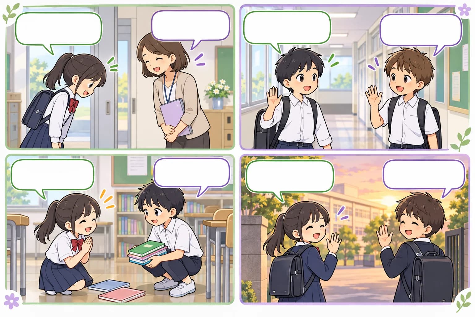 ภาพตัวอย่างสื่อการสอน: บัตรภาพบทสนทนาภาษาญี่ปุ่นในโรงเรียน ป.4 หน้า 1